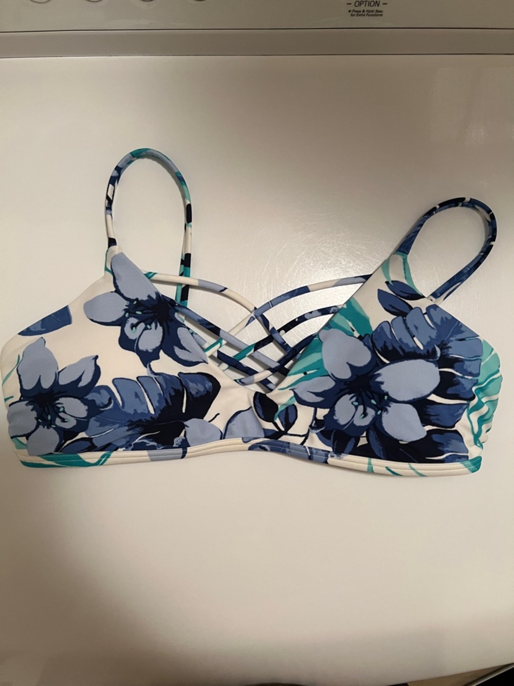 Hollister White Bikini Top with Blue Floral Pattern and Teal Accents